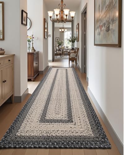DEXI Woven Hallway Runner Rug, 3x8 Rustic Braided Vintage Carpets, Non Slip Indoor Outdoor Farmhouse Floor Rugs for Entryway, Kitchen, Laundry Room, Black/Ivory - color: Black/Ivory, size: 3' X 8' (Runner)