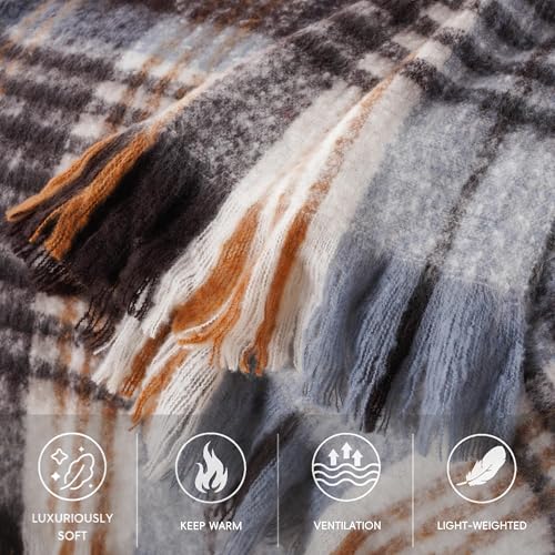 Battilo Plaid Throw Blanket for Couch Bed, Soft Mohair Tartan Plaid Blanket, Farmhouse Style Checkered Pattern, Bluish Grey Throw Blankets for Home Decor(50"x60") - color: Bluish Grey