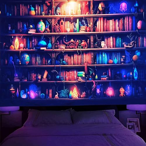 Algasan Blacklight Bookshelf Tapestry Fantasy Magic Book Wall Tapestry UV Reactive Witchy Gothic Tapestries Wall Hanging Aesthetic Poster for Bedroom Living Room Dorm 60 x 80 Inch