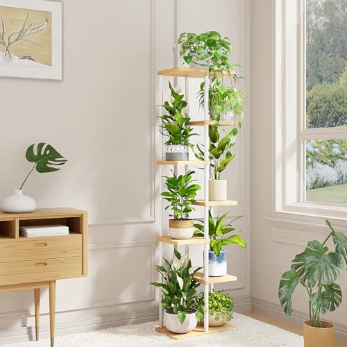 Bamworld Tall Plant Stand Indoor, 7 Tier Plant Shelf for Multiple Plants, Tiered Flower Pot Stands for Patio Garden Balcony Living Room Bedroom, White - color: White, size: 7 Tier