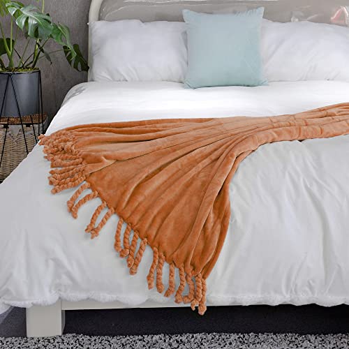 Throw Blankets Couch Cover Flannel Fleece Throw with Braided Rope Fringe Tassels, Plush Cozy Warm Soft Smooth Throw for Couch Sofa Bed Chair Home Décor, 50" x 60", Orange - color: Orange, size: 50" x 60"
