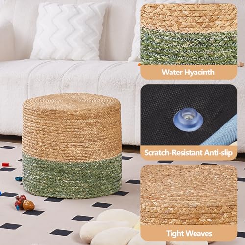Wimarsbon 18'' Ottoman Pouf, Natural Braided Poof, Rustic Handweave Lounge Pouffe, Boho Footrest Stool for Bedroom, Accent Table for Living Room (Natural Water Hyacinth + Green Corn Husk) - color: 18inch Natural Water Hyacinth + Green Corn Husk