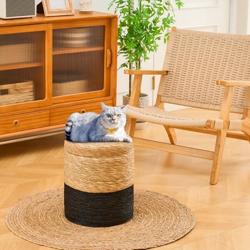 Wimarsbon Storage Pouf Ottoman, Hand Weaving Natural Straw Foot Stool, Bohemian Round Patio Ottomans, Rustic Lounge Pouffe, Outdoor Extra Seat for Garden (14inch Cattail+Black Corn Husk L) - color: 14inch Cattail+black Corn Husk L