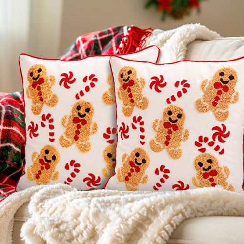 Whaline 2 Pcs Christmas Tufted Throw Pillow Covers Xmas Red White Gingerbread Man Candy Cane Pillowcase Winter Pillowslip Cushion Cover for Sofa Couch Bed Home Party Decor, 18 x 18 Inch