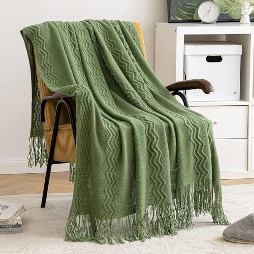 MIULEE Moss Green Knitted Throw Blanket for Couch Textured Knit Blanket with Tassels Cozy Woven Bed Blanket for Sofa Bed Chair Wave Pattern Spring Home Decor for All Seasons 50"x60" - color: Moss Green, size: 50" x 60"