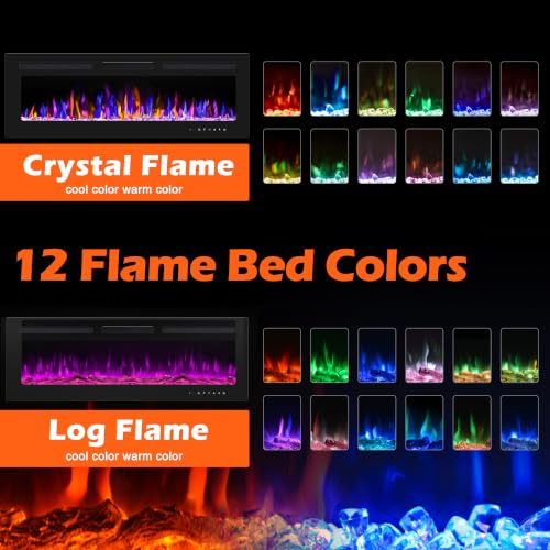 BETELNUT 50" Electric Fireplace Wall Mounted and Recessed with Remote Control, 750/1500W Ultra-Thin Wall Fireplace Heater W/Timer Adjustable Flame Color and Brightness, Log Set & Crystal Options - size: 50 Inch