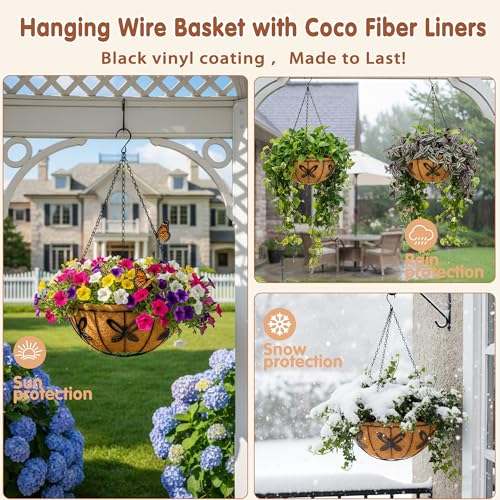 Metal 10 inch Round Planter, 4 Pack Hanging Wire Basket with Coco Fiber Liners for Outdoor Plants, Garden, Patio, Deck, Porch - size: 10 Inch, style: Butterfly