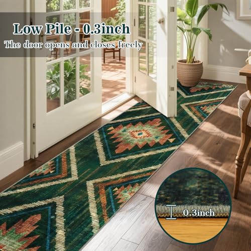 2x10Ft Boho Runner Rugs for Hallway Non Slip, Green Washable Kitchen Rugs, Soft Moroccan Farmhouse Entryway Runner, Low Pile Geometric Floor Carpet for Entrance Bedroom Home Decor - color: Green, size: 2' x 10' (Rectangular)