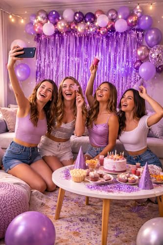 2 Pack Purple Metallic Tinsel Fringe Curtain Backdrop Streamers 3.2ft x 6.4ft. Party Decoration for Birthday, Wedding, New Years Eve, Graduation, Baby Shower & Other Event Decoration - color: Purple