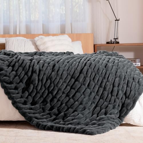 Faux Rabbit Fur Throw Blanket, Soft Plush Cozy Blanket for Couch Bed, Thick Fluffy Ruched Decorative Blanket,Giftable,60"x80",Charcoal Grey - color: Charcoal Grey, size: Twin(60"x80")