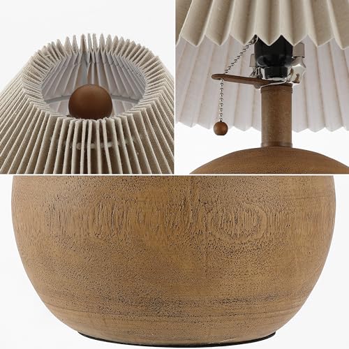 JONATHAN Y 17.25" Brown Wood Finish Sphere Table Lamp, Mid-Century Bedside Nightstand with Beige Pleated Linen Shade, Scandinavian Coastal Style, LED Bulb Included JYL1145A - color: Brown Wood Finish