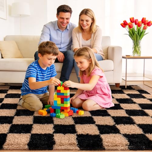 Area Rugs for Living Room Bedroom 9x12, Ultra Fluffy Shag Checkered Rug Modern Washable Carpet Soft Shaggy Non Slip Indoor Plush Fuzzy Rugs for Bedroom Dorm Office Home Aesthetic Decor, Black & Beige - color: Black & Beige, size: 9' x 12' (Rectangular)
