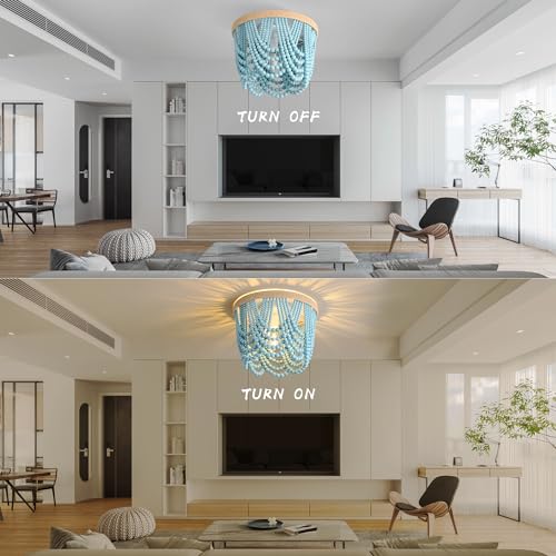 Bohemian Lighting Bohemian Chandelier Handmade Beaded Chandelier Bohemian Ceiling Beaded Lighting 3 Shallow Wood Beads Chandelier Nursery Bedroom Chandelier (Blue) - color: Blue