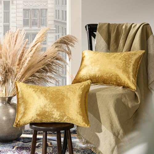 GIGIZAZA Gold Velvet Decorative Throw Pillow Covers for Sofa Bed 2 Pack Soft Cushion Cover 12x20 - color: Gold, size: 20" x 12" (Pack of 2)