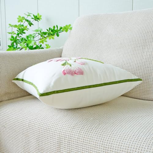 vctops Farmhouse Hibiscus Flowers Cotton Tufted Throw Pillow Cover Spring Floral Embroidery Pillowcase Soft Square Cushion Case for Sofa Couch Bed Chair (Pink F,18"x18") - color: Pink F