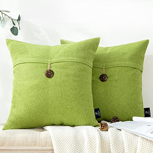 Phantoscope Pack of 2 Throw Pillow Covers Premium Coconut Button Vintage Linen Solid Decorative Pillow Cover for Couch Bed and Chair Yellow Green 18 x 18 inches 45 x 45 cm - color: Yellow Green, size: 18" x 18" (Pack of 2)