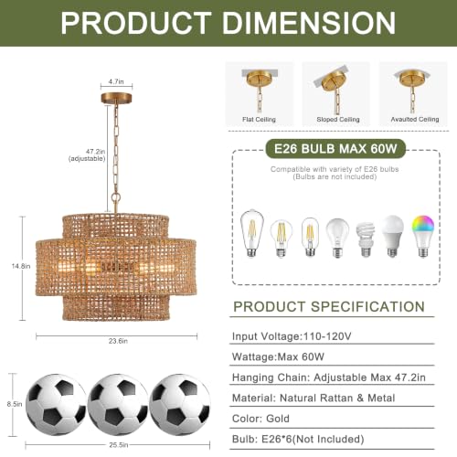 23.8" Large Rattan Chandelier Light Fixture, 6-Light Vintage Farmhouse Boho Light Fixture 3-Tier Drum Hand-Woven Wicker Gold Chandeliers for Dining Room, Kitchen, Living Room - color: Gold 23.8"