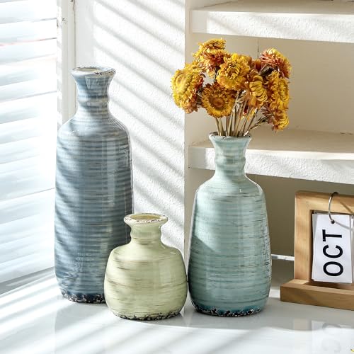 Ceramic Vase Set of 3, Rustic Neutral Vases Home Decor Farmhouse Decorative Flower Vase Modern Boho Pampass Vases for Table Mantel Entryway Shelf Living Room Kitchen Bathroom - Multicolor - color: 011 Vase Set - Multicolor