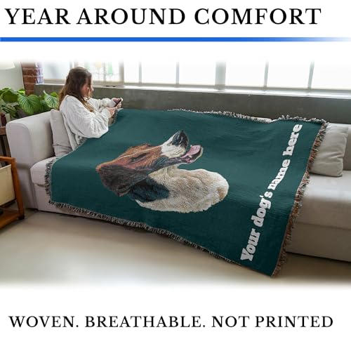 Pure Country Weavers English Foxhound Dog Personalized Woven Blanket Teal by Robert May - Gift Cotton Tapestry Throw - Made in The USA - 72" x 54" - color: Teal, size: 72" x 54" - Custom