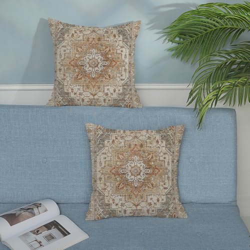 Boho Pillow Covers 16x16 Inch 2 Pcs Vintage Burnt Orange Grey Beige Carpet Pattern Ethnic Decor Throw Pillows Retro Outdoor Farmhouse Decoration Pillowcase Linen Cushion Cover for Couch Sofa - color: Burnt Orange Grey Boho, size: 16" x 16" (Pack of 2)