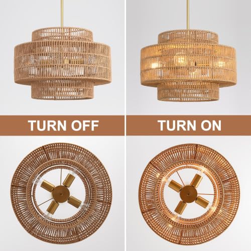 17.7”Boho Rattan Chandelier for Dining Room, 4-Light Hand Woven Pendant Light Fixture Farmhouse Rustic Ceiling Hanging for Kitchen Island Bedroom Living Room Nursery Foyer - size: 17.7″ Brown