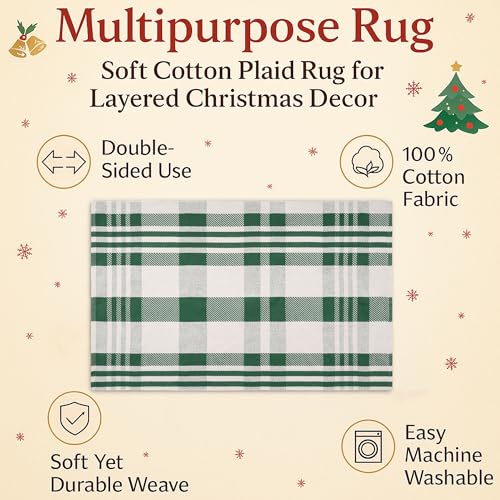 Christmas Green & White Check Rug - 28 x 43 Inches Outdoor Front Door Decor Mat Cotton Washable Hand-Woven Rug Christmas New Year Holiday Porch Entryway Layered Doormat - color: Grass Green & White Check, size: 2'4" x 3'7" (Rectangular)