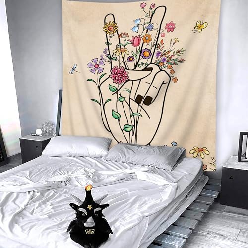SVBright Peace and Love Beige Tapestry Abstract Hand Flower Botanical Wall Hanging 51Wx59H Inch Minimalist Hippie Floral Line Art Colorful Modern Finger Home Decor for Living Room Bedroom Dorm Fabric - color: Abstract Hand, size: 59"L x 51"W
