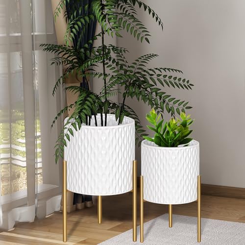 ARNIS Plants Pots with Stand, Set of 2 Planters, Unique Mid Century Decorative Metal Flower Pots with Drainage, 10.5 & 12.25 Inch, White and Gold - color: Glossy White, size: 10.5 &12.25