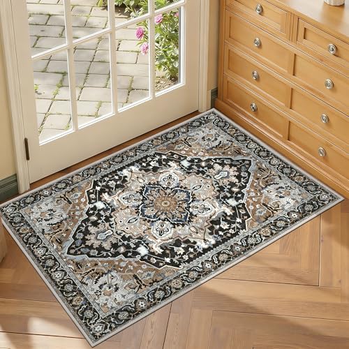 2x3 Black Washable Entry Rug - Non-Slip Rubber Backing Door Mat for Indoor Entryway, Kitchen, Bathroom - Stain & Fade Resistant Small Floral Farmhouse Decor, Black Multi - color: Black & Multi, size: 2' x 3' (Rectangular)