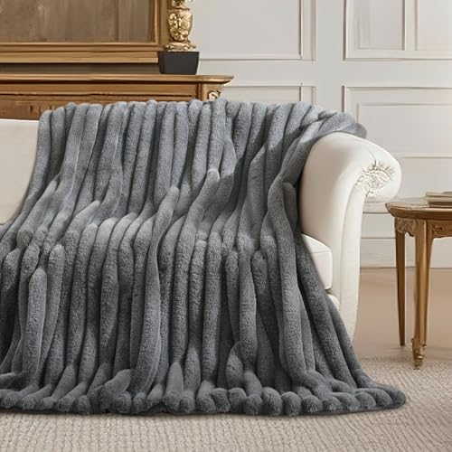 Amélie Home Faux Fur Throw Blanket for Couch, Ultra Cozy Fuzzy Fluffy Fur Luxurious Soft Striped Plush Gift Blankets for Family Sofa Chair Bedroom, 55"x70", Cationic Wolf Gray - color: Cationic Wolf Gray, size: Throw(55"x70")