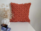 Rust Terracotta Macrame Throw Pillow Cover, Boho Textured Knitted Fringe Decorative Cushion Case, Diamond Lattice Woven Square Pillowcase for Sofa Couch Bedroom Farmhouse Home Decor, 18x18 Inch (Pillo