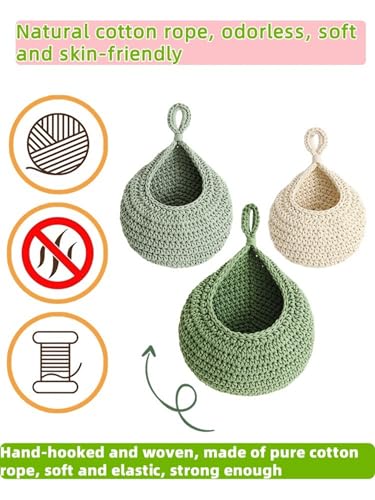 3 Pcs Boho hand-woven hanging linen basket,drop molding design,cotton rope storage baskets for living room,kitchen,wall-mounted fruit,vegetable potted plants organizer (3 sizes)