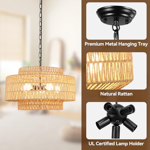 24" Large Rattan Chandelier, 6-Light Boho Dining Room Light Fixture Over Table, Natural Handwoven Wicker Pendant Lamp for Living Room, Coastal Farmhouse Hanging Ceiling Light - color: Beige-W60cm