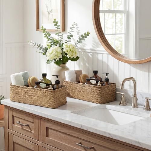 StorageWorks Toilet Paper Baskets for Shelves, 3-Section Wicker Baskets Storage, Back of Toilet Basket for Tank Topper, Counter, Pantry, Living Room Decor, 2 Pack Seagrass Basket - color: Brown（seagrass）, size: 14¼"l x 6"w x 4¼"h