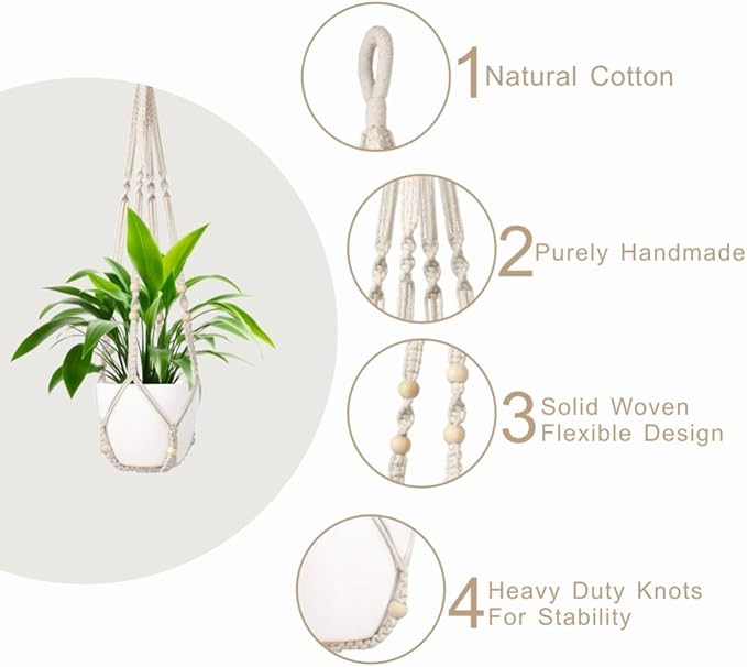 1 Pack Macrame Plant Hanger,Hanging Plant Holder, Boho Home Decor Hanging Basket with Wood Beads,Hanging Planters for Indoor Plants,Plant Hanger Indoor 43" Ivory (POTS NOT Included)
