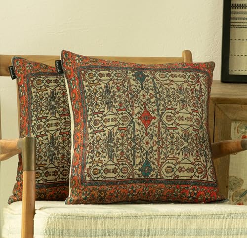 Geometric Bohemian Kilim Moroccan Cotton Vintage Decorative Ethnic Throw Pillow Covers, Set of 2, Boho Cushion Cover, Pillow Case for Sofa Couch Bed Chair 18" x 18" (Pack of 2)