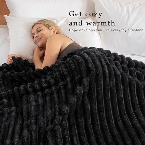 Exclusivo Mezcla California King Size Flannel Fleece Blanket, Super Soft Striped Jacquard Bed Oversized Blanket, Lightweight Fuzzy Cozy for All Seasons, 120x120 Inches, Black - color: Black, size: Cal King ( 120x120 IN )