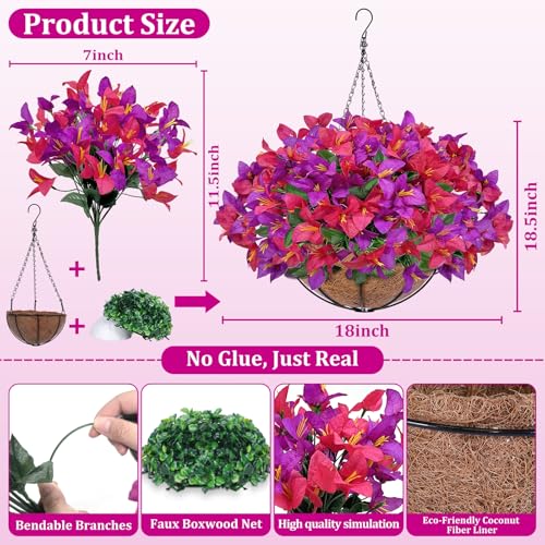 Artificial Fake Hanging Flowers Plants Baskets for Outdoors, Faux Silk Bougainvillea in Planter UV Resistant Realistic Spring Summer Decoration for Outside Porch Patio Yard Home Decor (Purple Hotpink) - color: 1 Set – Purple & Hot Pink Bougainvillea