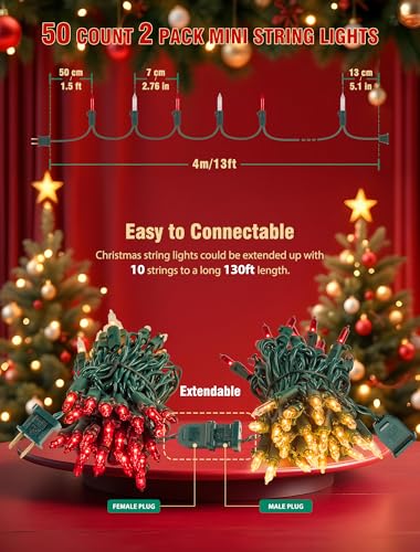 Hopolon Christmas Lights Indoor Outdoor, 2 Pack 13 FT 50 Count Incandescent Mini String Light, Green Wire Christmas Tree Lights Waterproof for Holiday Wedding Valentine's Day Decor, Red and Clear - color: Red and Clear,Green Wire, size: 2PACK, 50 count
