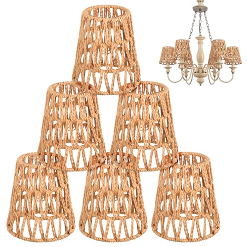 6 Pcs Small Rattan Bell Lamp-Shade, Rattan Lamp Shade,Boho Lamp-Shades Replacement Bohemian Style Light-Shade Replacement for Floor Lamp Pendant Light Wall Sconces(Rattan,Brown,Clip on)