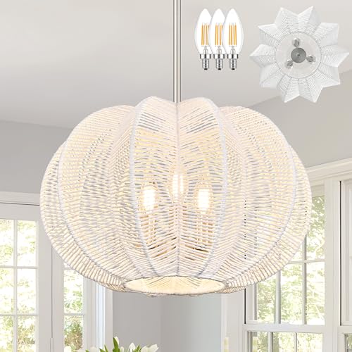 17.7 Inch Rattan Pendant Light White Hemp Rope Rattan Light Fixture Wicker Chandelier Woven Pendant 3-Light Boho Chandelier for Kitchen Island - color: 17.7" White