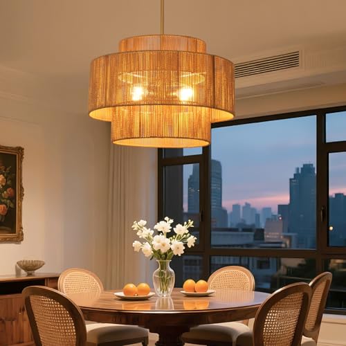 24.2 inch Boho Rattan Chandeliers for Dining Room, 4-Light Large Boho Pendant Light Rustic Drum Chandelier Farmhouse Rattan Light Fixtures for Kitchen Island Foyer Bedroom (Gold), 70.8"H Max