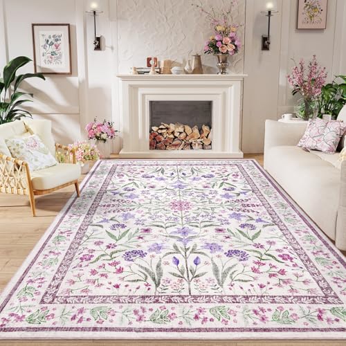 Amearea 6x9 Feet Floral Area Rugs for Living Room, Purple Rugs for Bedroom Girls, Cute Kids Room Print Carpet Vintage Low Pile Machine Washable Area Rugs, Office Nursery Dining Room Farmhouse Decor - color: Purple, size: 6x9 Feet