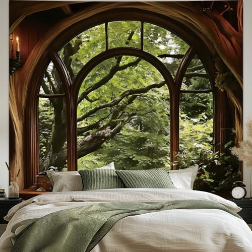 Apdidl Forest Window Tapestry for Bedroom, Nature Green Tree Medieval Large Wall Mural Tapestries Aesthetic, Vintage Outdoor Landscape Backdrop Wall Hanging for Living Room Curtain Decor (51" X 60") - color: B-Window Forest Tapestry, size: 60"L x 51"W