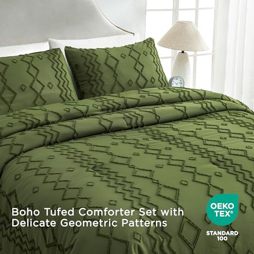 Andency Olive Green Tufted Comforter Set Queen(90x90Inch), 3 Pieces(1 Boho Comforter, 2 Pillowcases) Textured Farmhouse Bed, Soft Down Alternative Geometric Bedding Set - color: 10 - Olive Green, size: Queen(90"x90")