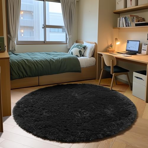 ONASAR Black Round Area Rug 4ft, Soft Bedroom Circle Rugs Floor Mats for Kids Girls Boys Teen Room, Fluffy Plush Shaggy Carpet for Baby Nursery Living Room Playroom Dorm Home Decor - color: Black, size: 4' (Round)