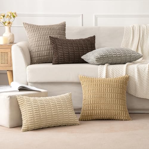 MIULEE Pack of 2 Corduroy Decorative Throw Pillow Covers 12x12 Inch Soft Boho Striped Pillow Covers Modern Farmhouse Home Decor for Sofa Living Room Couch Bed Tan - color: Tan, size: 12" x 12" (Pack of 2)
