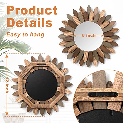 Emfogo Wall Mirror 12 inch Rustic Wood Sunburst Boho Mirror Farmhouse Wall Decor Room Decor Home Decor for Bedroom Living Room Entryway (Tri-Color) - color: Tri-color, size: 12"L x 12"W