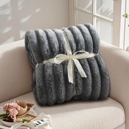 Amélie Home Faux Fur Throw Blanket for Couch, Ultra Cozy Fuzzy Fluffy Fur Luxurious Soft Striped Plush Gift Blankets for Family Sofa Chair Bedroom, 55"x70", Cationic Wolf Gray - color: Cationic Wolf Gray, size: Throw(55"x70")