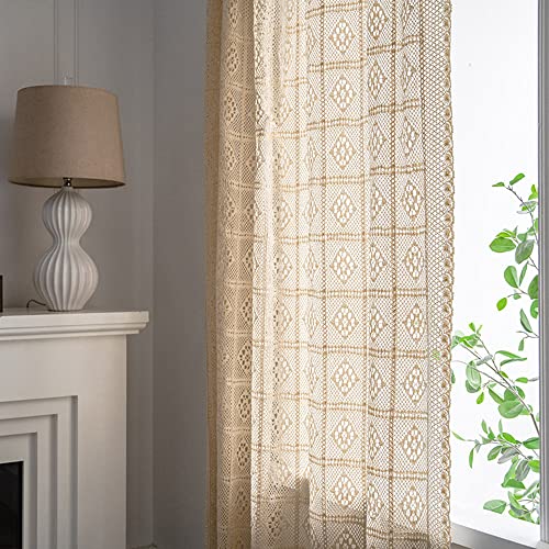Rustic Crochet Curtains for Living Room Farmhouse Hollow Knitted Lace Curtain Panels for Bedroom Rod Pocket Boho Cotton Window Drapes for Doorway 1 Panel W39 X L71 Inch - size: 39"W x 71"L (Pack of 1)